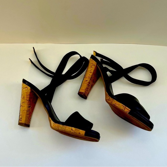 CHANEL Black Leather with Cork Heel Sandals - Picture 1 of 8